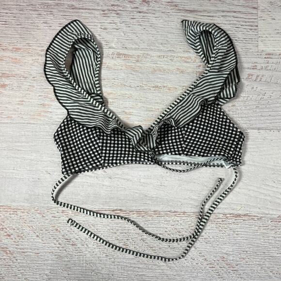 Aerie Seersucker Gingham Scoop Ruffle Wrap Bikini Top SIZE S Black White NWOT - Picture 4 of 9